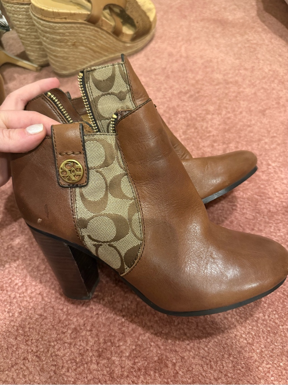 Coach Brown Leather & Signature Canvas Ankle Booties